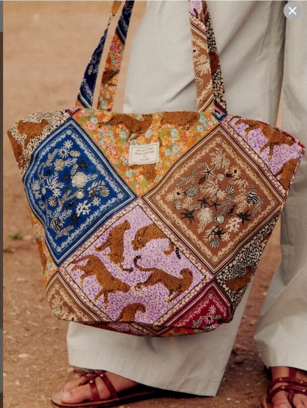 Sezane X Inoui Editions Tote Bag Cotton Leopard and Floral Colourful Patchwork